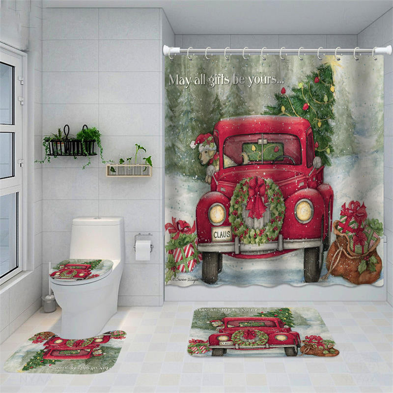 Christmas Tree Farmhouse Red Truck Snowman Shower Curtain Set for Bathroom  Decor