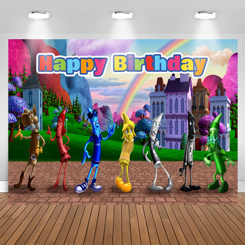 Crayon Rainbow Cartoon Kits Happy Birthday Backdrop - Lofaris