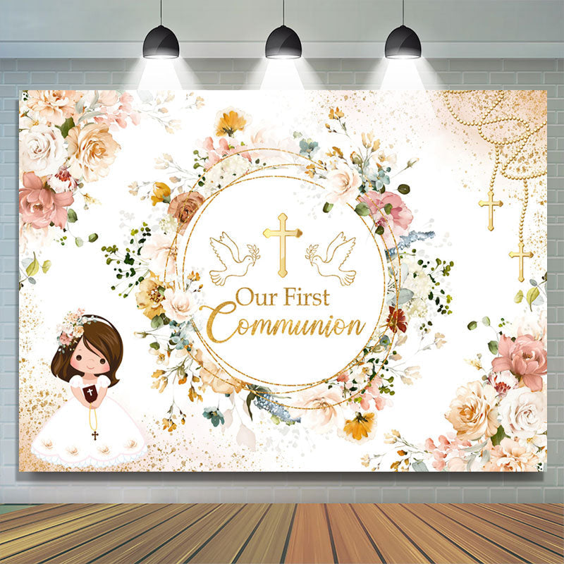 Our First Communion Floral Girl Baptism Backdrop - Lofaris