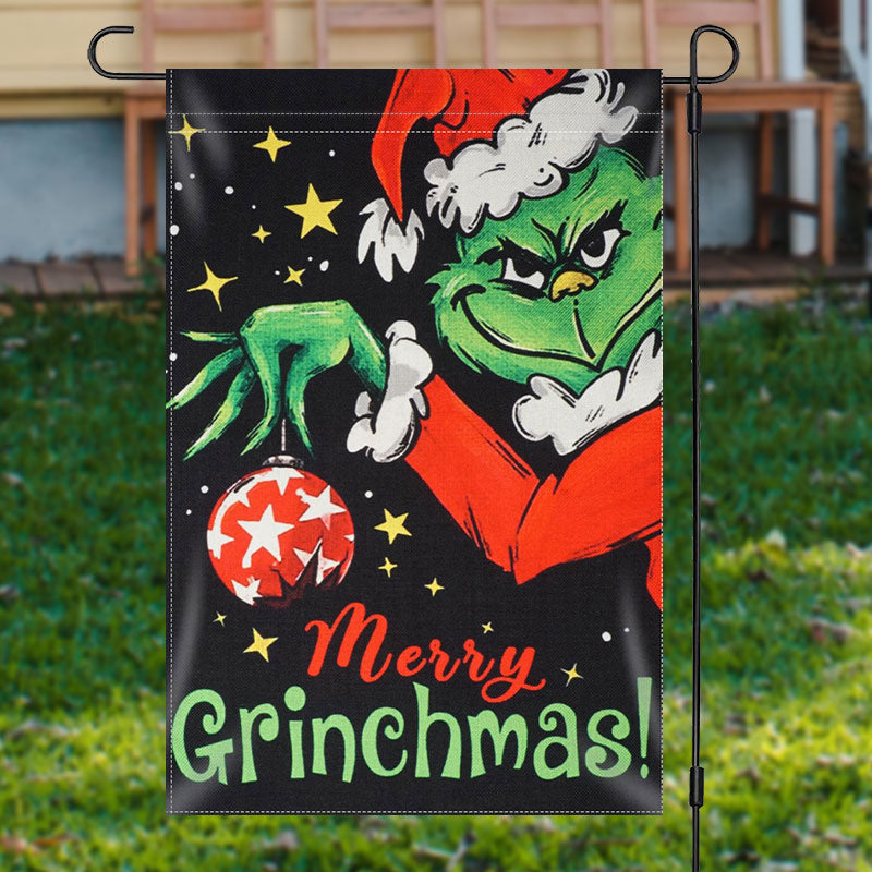 Green Monster Star Black Merry Christmas Garden Flag - 12x18 Inch