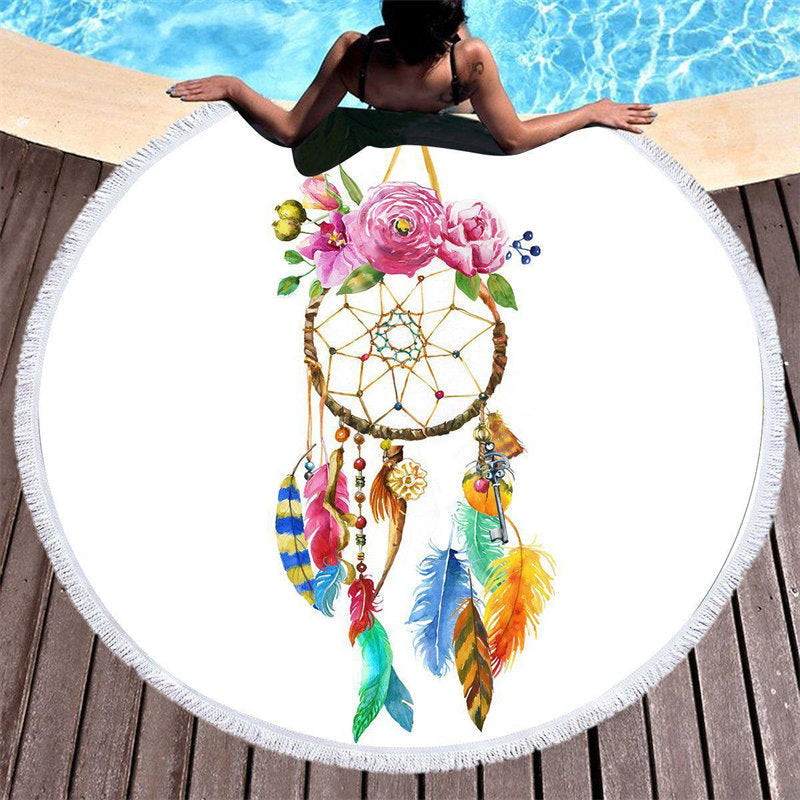 Lofaris Flowers and Feathers Fishing Catcher Round Beach Towel | Large Round Beach Blanket | Personalized Round Beach Towels | Custom Circle Towels