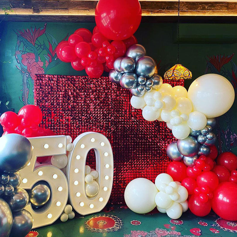 Glam balloon garland  Gold birthday decorations, Red and gold