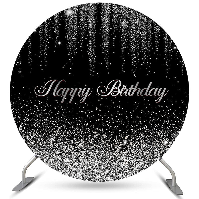 Round Glitter Silver And Black Happy Birthday Backdrop - Lofaris