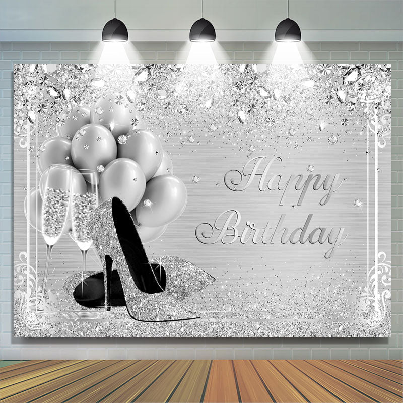 Silver And Glitter Balloon Happy Birthday Backdrop – Lofaris