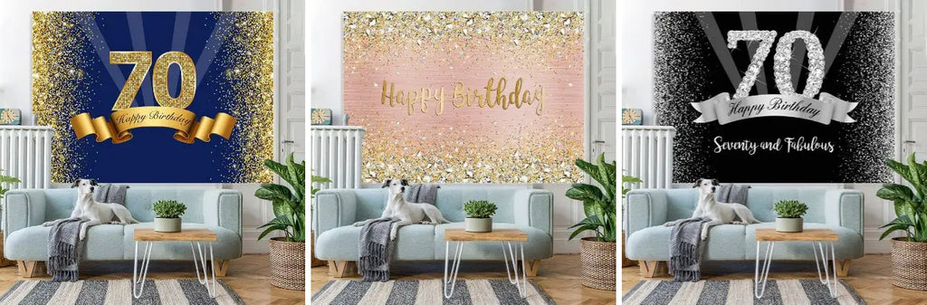 Happy 70th Birthday Gold Glitter Royal Blue Backdrop for Photo – Lofaris