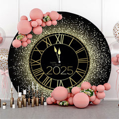 Black Golden Clock Round Happy 2025 Holiday Backdrop