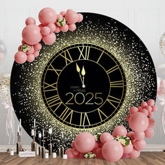 Black Golden Clock Round Happy 2025 Holiday Backdrop