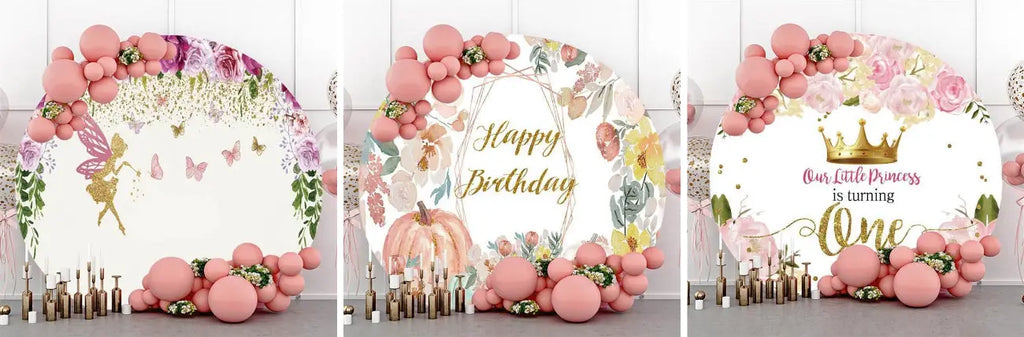 Floral Round Birthday Backdrop - Lofaris