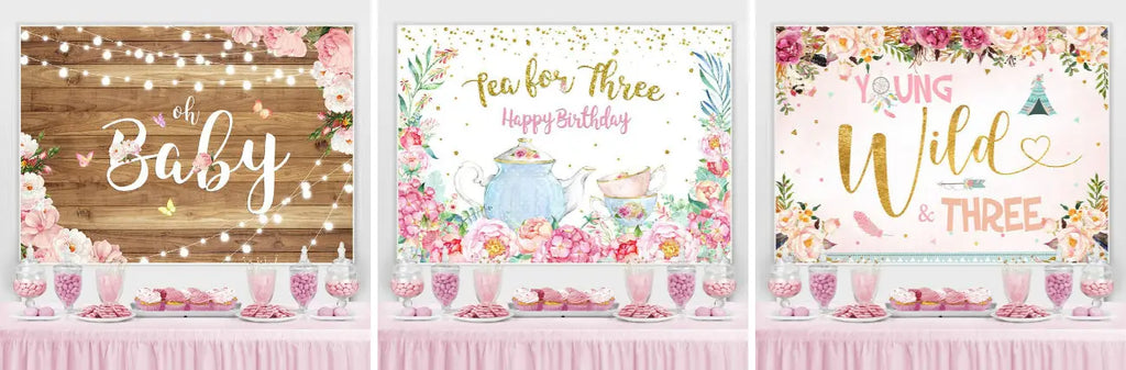 Teapot and Floral Happy 3rd Birthday Backdrop For Girl – Lofaris