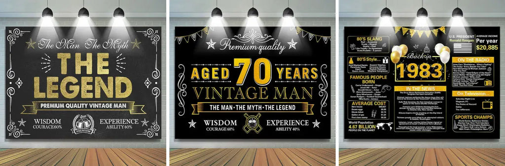 Vintage Man Aged 70 Years Black Happy Birthday Backdrop - Lofaris