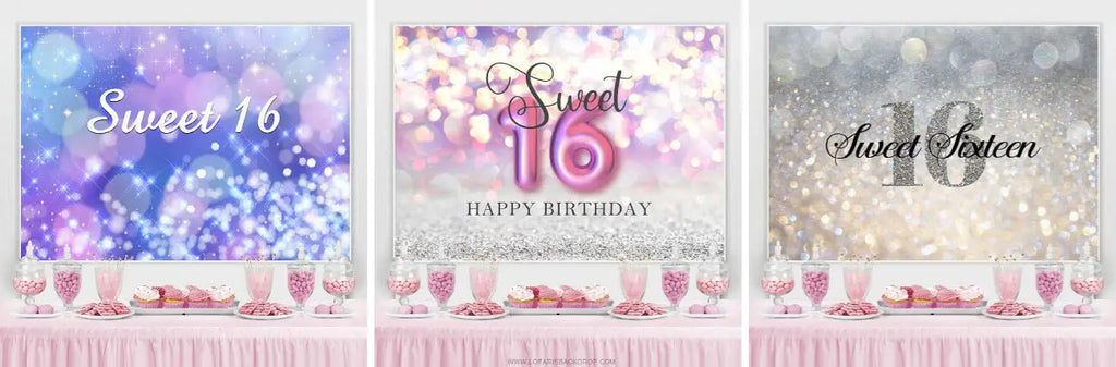 Pink Purple Bokeh Glittle Sweet 16 Birthday Backdorp – Lofaris