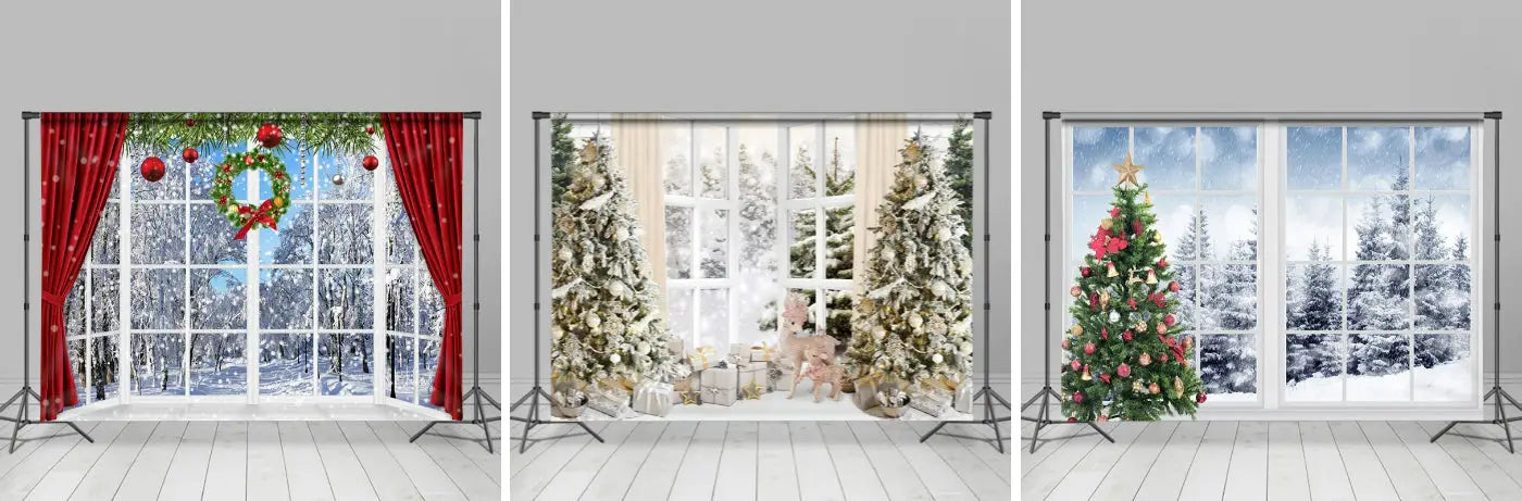 Lofaris Snowy World With Christmas Wreath Curtain Backdrop