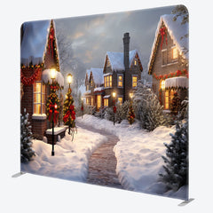 Lofaris Sunset Snowy Town Street Christmas Tension Backdrop