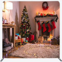 Lofaris Xmas Tree Light Fireplace Tension Fabric Backdrop