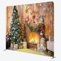 Lofaris Wooden House Christmas Fireplace Tension Fabric Backdrop