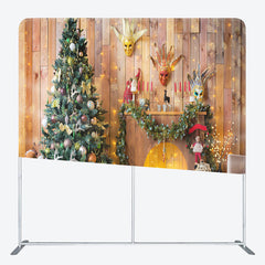 Lofaris Wooden House Christmas Fireplace Tension Fabric Backdrop