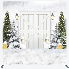 Lofaris Wooden Door White Christmas Tension Fabric Backdrop