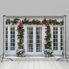 Lofaris Festive Pine Leaves White Window Christmas Backdrop