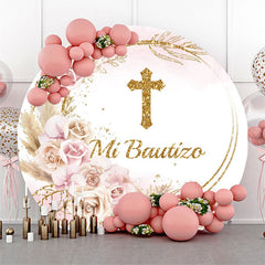 Lofaris Boho Pink White Floral Cross Round Baptism Backdrop