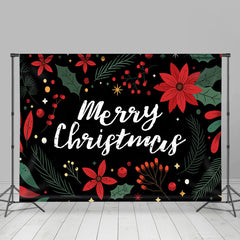 Lofaris Red Floral Green Leaf Black Merry Christmas Backdrop