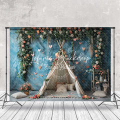 Lofaris Abstract Blue Tent Greenery Floral Wedding Backdrop