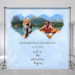 Lofaris Adventure Begins Custom Photo Blue Wedding Backdrop