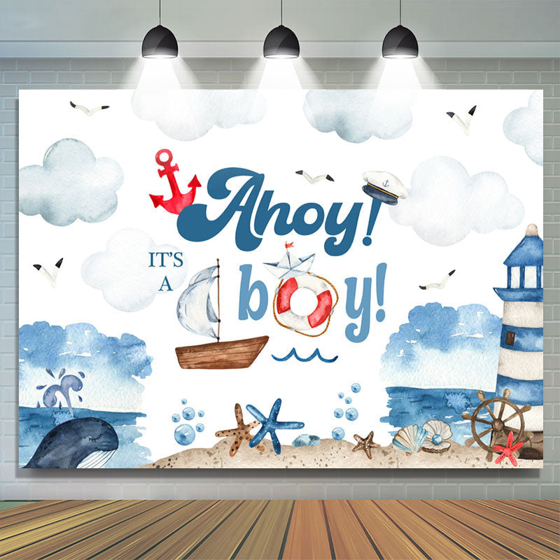 Lofaris Ahoy Boy Sailboat Lighthouse Baby Shower Backdrop