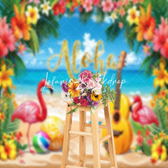 Lofaris Aloha Blue Sky Beach Flamingo Floral Summer Backdrop