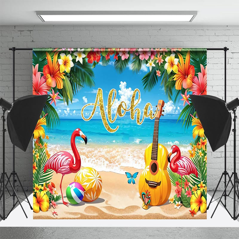 Lofaris Aloha Blue Sky Beach Flamingo Floral Summer Backdrop