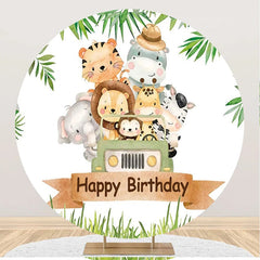 Lofaris Animals Car Safari Leaves Round Birthday Backdrop