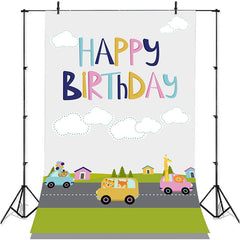 Lofaris Animals Driving Road Town Grey Sky Birthday Backdrop