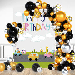 Lofaris Animals Driving Road Town Grey Sky Birthday Backdrop