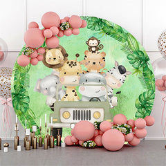 Lofaris Animals On The Green Car Round Happy Birthday Backdrop