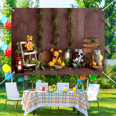 Lofaris Animals Toys Wood Wall Birthday Cake Smash Backdrop