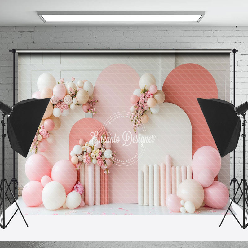 Lofaris Arch Balloons Floral White Pink Cake Smash Backdrop