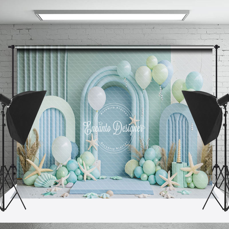 Lofaris Arch Green Blue Balloon Summer Cake Smash Backdrop