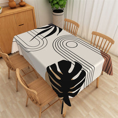 Lofaris Arch Lines Black Monstera Pattern Beige Tablecloth