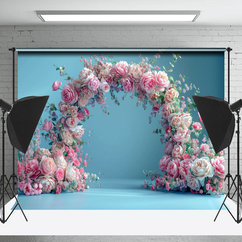 Lofaris Arch Pink Floral Blue Wall Backdrop For Photography