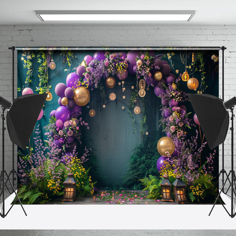 Lofaris Arch Purple Balloons Floral Backdrop For Cake Smash