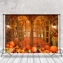 Lofaris Arch Window Autumn Maple Leaves Pumpkin Photo Backdrop