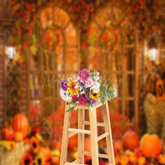 Lofaris Arch Window Autumn Maple Leaves Pumpkin Photo Backdrop