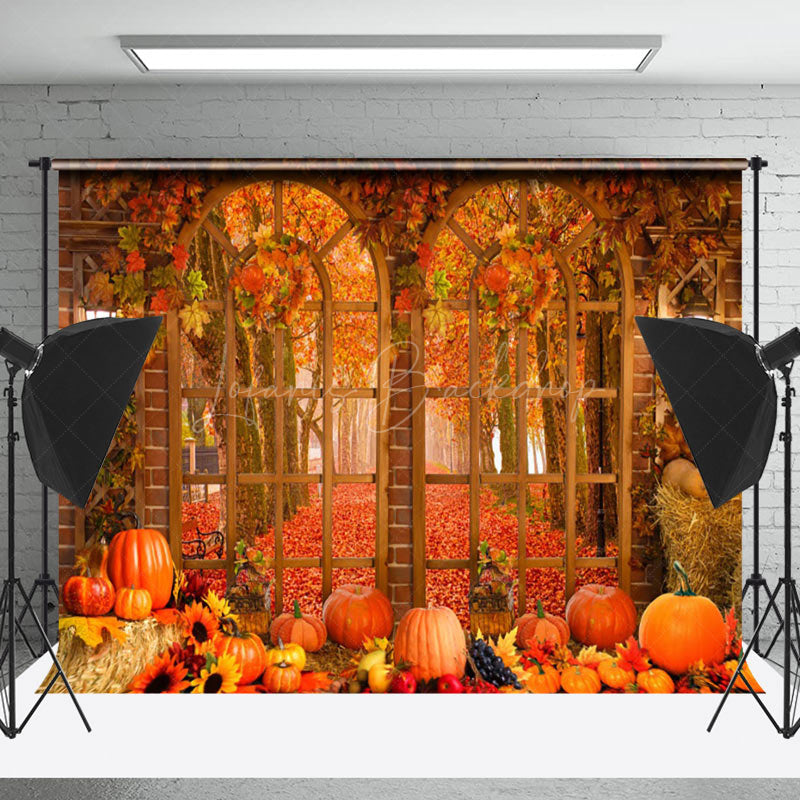 Lofaris Arch Window Autumn Maple Leaves Pumpkin Photo Backdrop