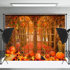 Lofaris Arch Window Autumn Maple Leaves Pumpkin Photo Backdrop