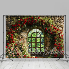 Lofaris Arched Red Flowers Window Birck Wall Spring Backdrop