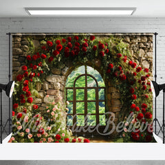 Lofaris Arched Red Flowers Window Birck Wall Spring Backdrop