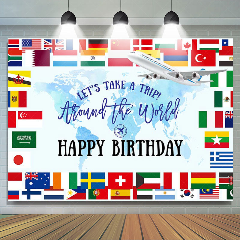 Lofaris Around The World Map Trip Airplane Birthday Backdrop