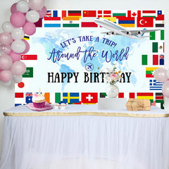 Lofaris Around The World Map Trip Airplane Birthday Backdrop