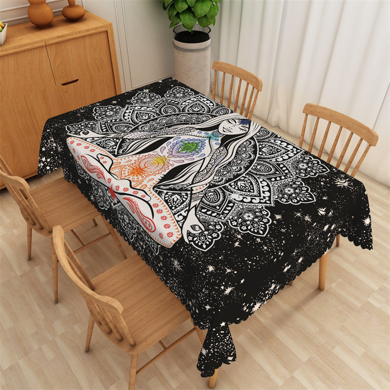 Lofaris Art Mandala Pattern Woman Sparkling Black Tablecloth