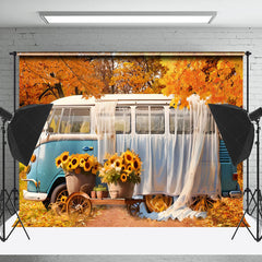 Lofaris Autumn Bus Outdoor Picnic Forest Photo Backdrop