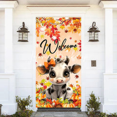 Lofaris Autumn Cow Maple Thanksgiving Welcome Door Cover